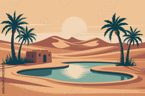  An enchanting desert oasis scene unfolds under the warm glow of a setting sun, featuring a tranquil pool of water surrounded by towering palm trees. 
