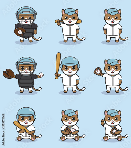 Cute cartoon baseball cats in various poses on a pale blue background