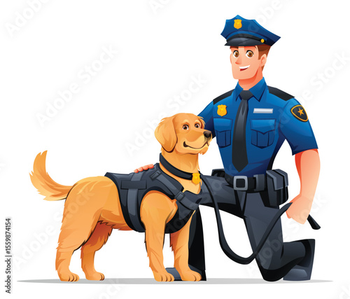 Police officer kneeling beside his Golden Retriever K9 partner, ready for public service. Vector cartoon illustration