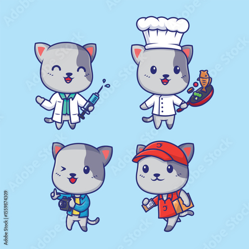 Four cartoon cats dressed in different professions against a light blue background