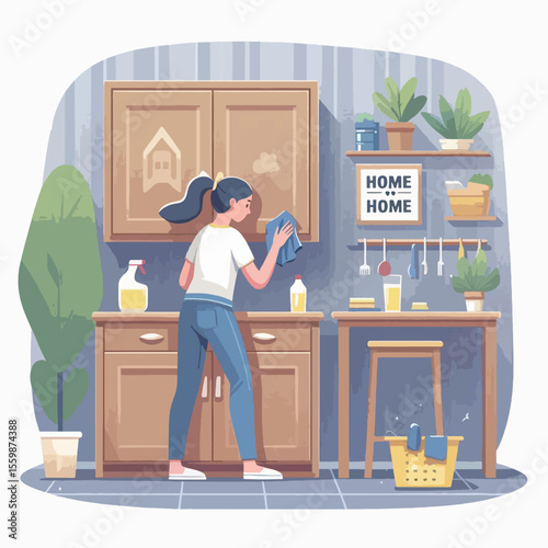 A woman is cleaning a kitchen cabinet with a blue cloth and cleaning supplies.