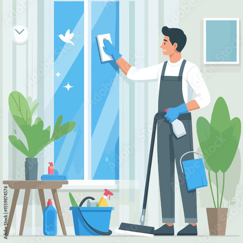 Illustration of a man in an apron and gloves meticulously cleaning a window in a modern living room.