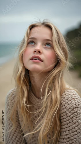 Young woman gazes thoughtfully at the beach under an overcast sky during a calm afternoon