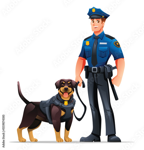 Police officer standing with his Rottweiler K9 partner, ready for their important duties. Vector cartoon illustration