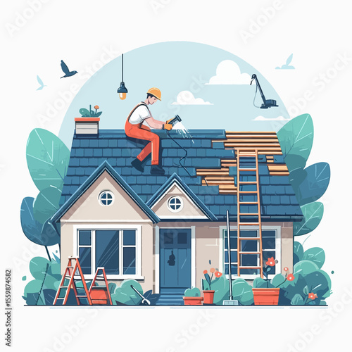 A construction worker diligently repairs the roof of a charming house, surrounded by lush greenery and a clear blue sky.