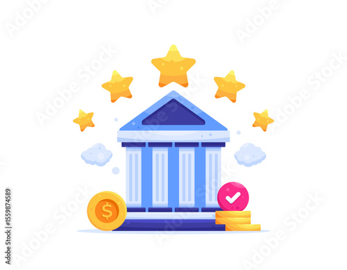 banking concept. financial institutions and management. best and safest place to store money. finance and economy. illustration of bank building symbol with 5 stars and coins. flat style design. asset