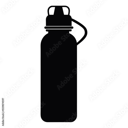 Solid silhouette of a rugged outdoor hiking water bottle with carabiner on white background