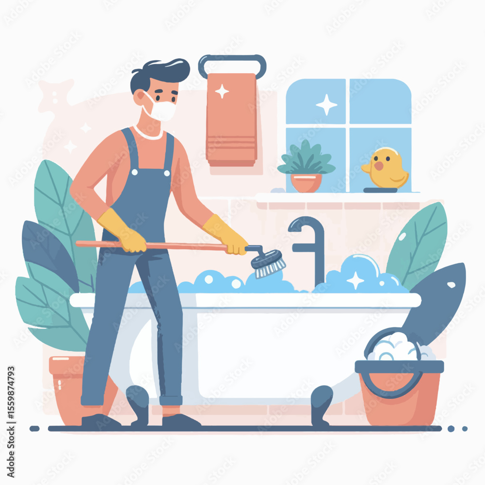 Obraz premium A man wearing a mask and gloves is cleaning a bathtub with a brush and soap suds.