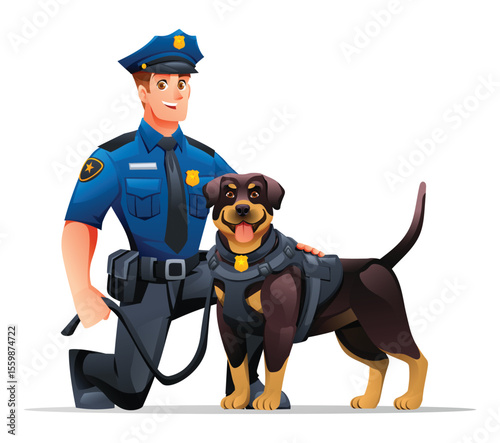 Police officer kneeling beside his K9 Rottweiler partner, showcasing their strong bond. Vector cartoon illustration