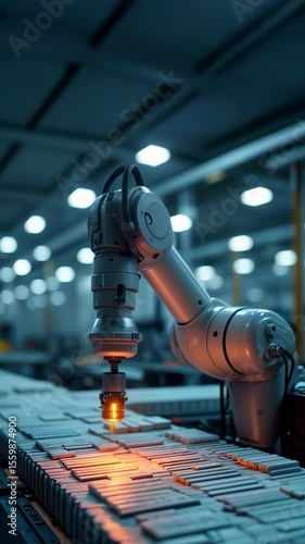 Robotic arm performs precision laser cutting in modern factory