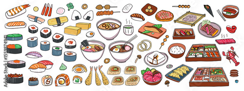 set of Japanese food menu items isolated on a white background, including sushi, sashimi, ramen, and noodles. Illustrated with colored outlines. Vector and illustration.