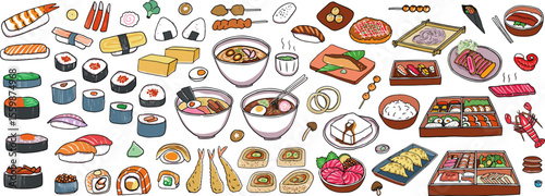  set of Japanese food menu items isolated on a white background, including sushi, sashimi, ramen, and noodles. Illustrated with colored outlines. Vector and illustration.