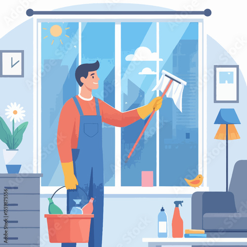 A man in blue overalls and yellow gloves happily cleaning a large window with a squeegee, with cleaning supplies nearby in a bright room.