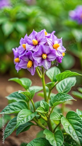 Flowering potato with close-up view of purple inflorescence