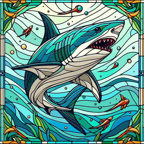 A vibrant stained glass artwork depicts a fierce shark swimming through turquoise ocean waves, surrounded by small fish and aquatic plants.