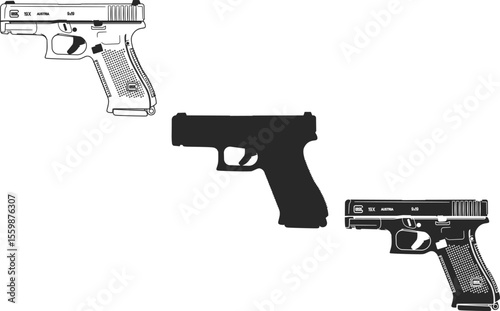Set of icons of the civilian version of the Austrian pistol, Glock 19X pistol icons line, silhouette, black color isolation.