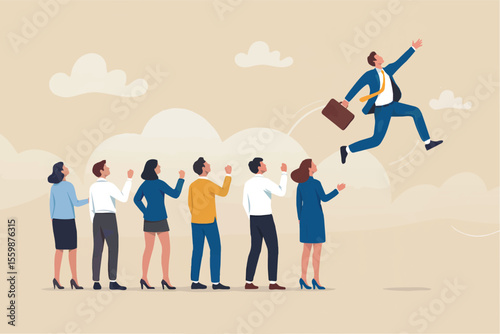 Flat cartoon vector illustration of a businessman jumping over a line of people isolated on transparent background