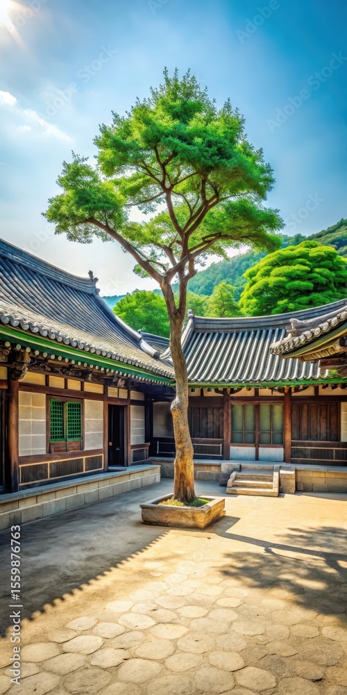 Serene courtyard with ancient Korean architecture Serene courtyard with ancient Korean architecture