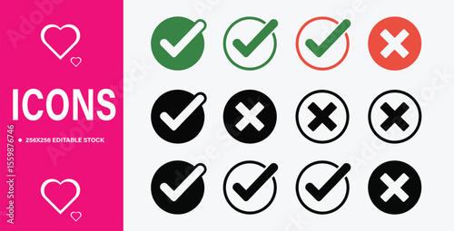 Checkmark and Cross Mark Icons in Various Styles and Colors for UI Design