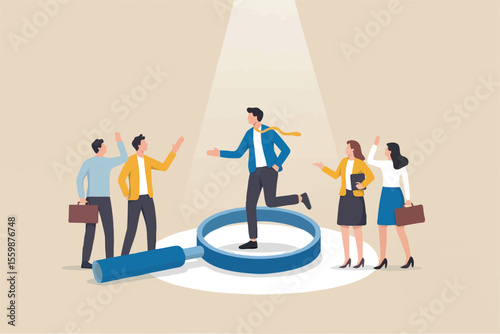 Business people gathered around a magnifying glass one person highlighted by a spotlight isolated on transparent background