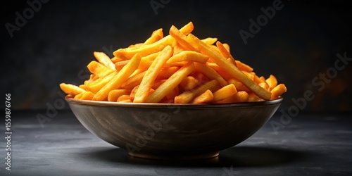 Wallpaper Mural Crunchy golden brown French fries piled high in a shallow bowl against a dark black background Torontodigital.ca