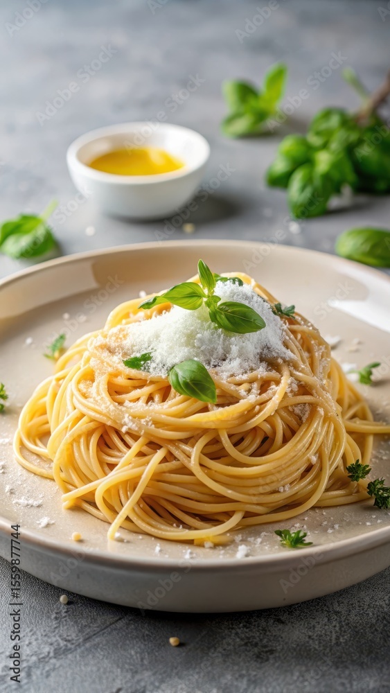 A close-up shot of a plate containing freshly cooked spaghetti with a sprinkle of parmesan cheese and a drizzle of olive oil A close-up shot of a plate containing freshly cooked spaghetti with a sprinkle of parmesan cheese and a drizzle of olive oil