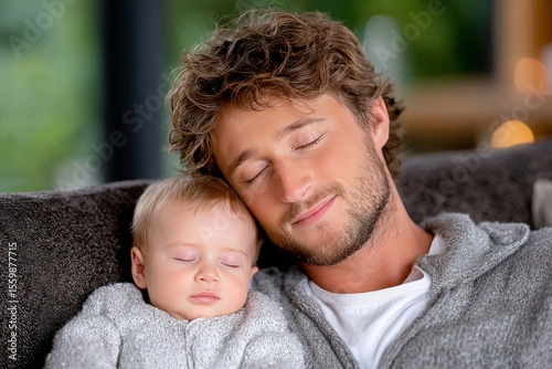  Un padre joven duerme con su bebé en brazos sobre un sofá. Ambos están en calma, rodeados de una atmósfera cálida y natural.
