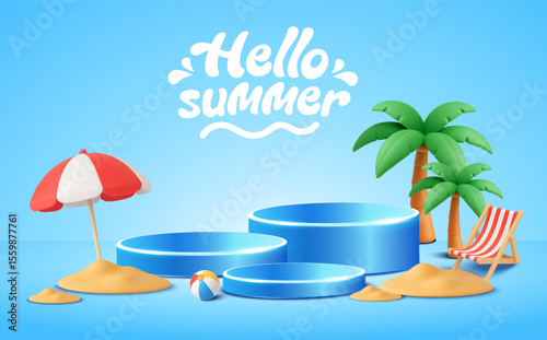 3d Hello summer podium banner template with palm tree, beach chair, umbrella and beach ball, isolated on background. Summer sale product display stage background in 3d vector. Vector illustration