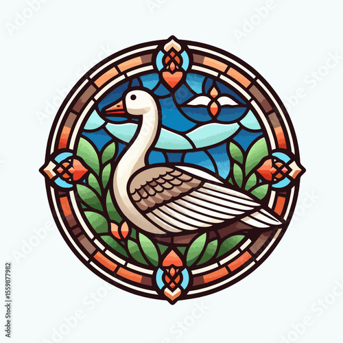 A beautiful stained glass art piece featuring a white swan gracefully swimming in a pond with lush green foliage and decorative floral patterns.