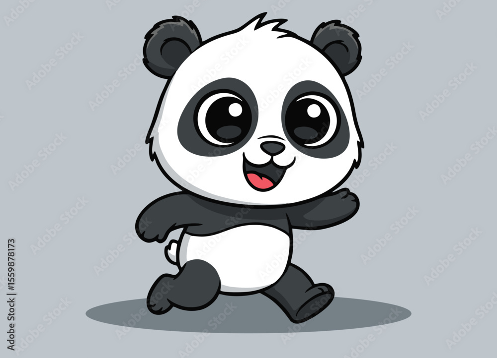 Naklejka premium cute little panda with big eyes running and smiling happy