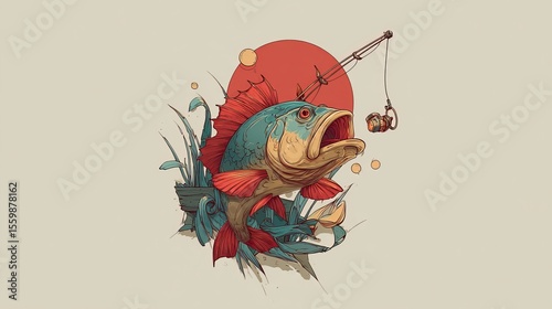 fishing-themed sticker on light background, top view, fish icon and fishing rod