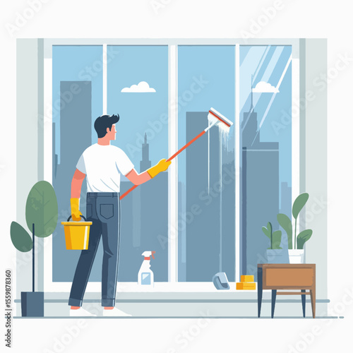 A man in yellow gloves cleans a large window with a squeegee, a bucket of cleaning supplies beside him, with a city skyline visible outside.