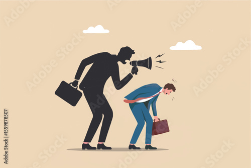 Boss yelling at employee with megaphone isolated on transparent background
