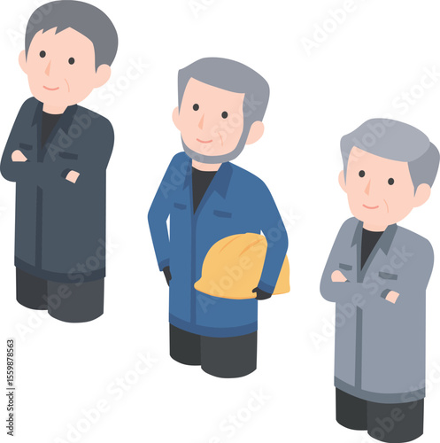 3人の年配の男性作業員がこちらを見上げているイラスト