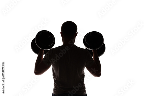 silhouette of man with dumbbells on white isolated background, core muscle training with heavy weight, sport and health concept