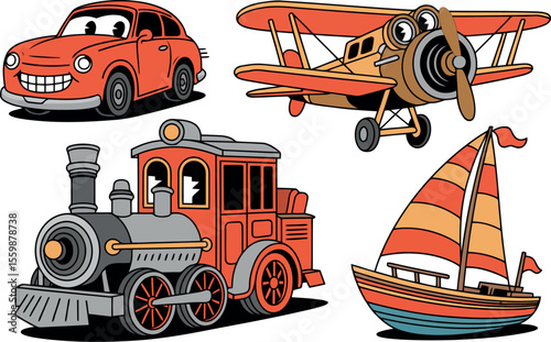 This charming collection features animated cartoon characters representing various modes of transportation, each with a friendly, cheerful face.