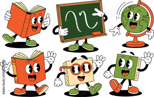 A playful collection of educational cartoon characters bring learning to life, each depicting a different aspect of knowledge with expressive faces and limbs. 