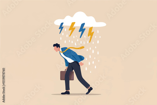 Businessman walking in the rain with lightning and thunder isolated on transparent background