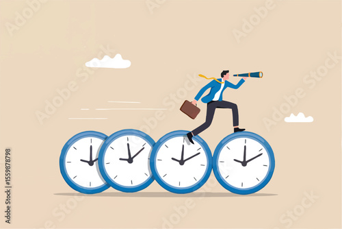 Businessman running on clocks looking through a telescope isolated on transparent background
