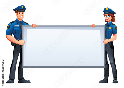 Male and female police officers holding a blank horizontal white sign for your custom text. Vector cartoon character illustration