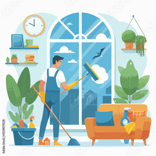 A man in blue overalls and yellow gloves is cleaning a large window with a squeegee and mop, surrounded by houseplants and furniture.