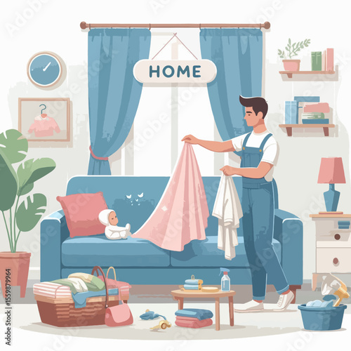 A man in overalls folds laundry in a cozy living room with a baby on the sofa, surrounded by household items and plants, depicting domestic life.