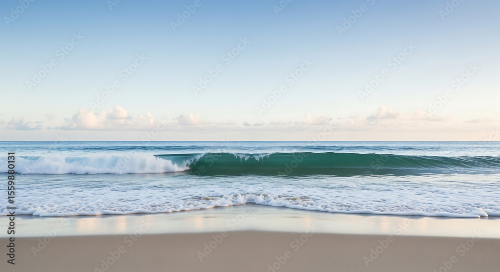Obraz premium A tranquil wave rolls onto a pristine sandy beach under a bright blue sky