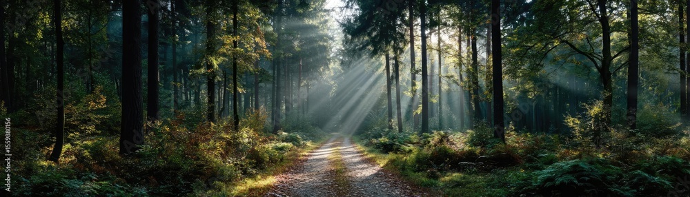 Fototapeta premium Mind reset concept. A serene forest path illuminated by soft, dappled sunlight.