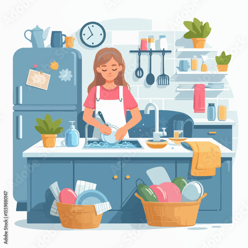A young woman wearing an apron washes dishes in a bright, modern kitchen sink.