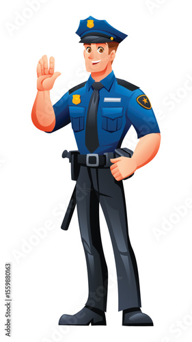 Police officer standing and waving, displaying a friendly and approachable demeanor. Vector cartoon character illustration