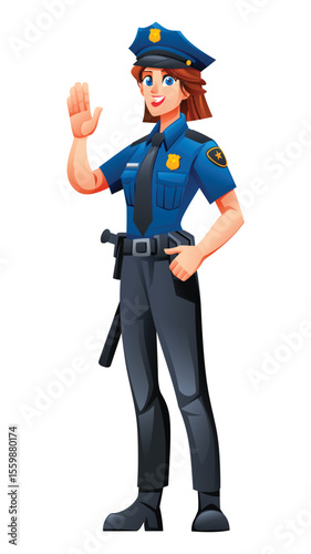 Female police officer standing and waving, displaying a friendly and approachable demeanor. Vector cartoon character illustration