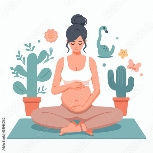 A pregnant woman meditating peacefully on a yoga mat surrounded by plants and gentle decorations, embracing maternity and wellness.