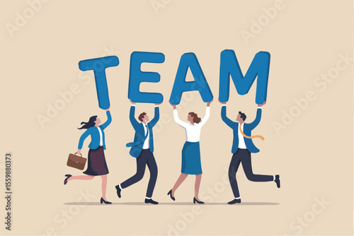 Flat cartoon vector illustration of a team holding up the word team isolated on transparent background