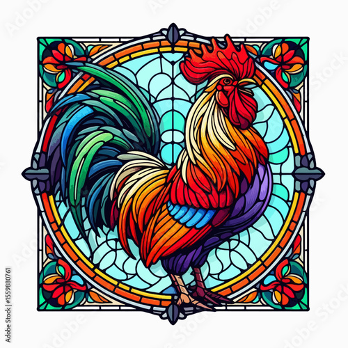A vibrant stained glass window featuring a detailed, colorful rooster with a flowing tail and a decorative frame.